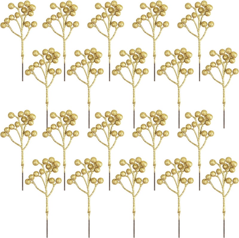 Fangoo 20 Pack Artificial Gold Berry Stems, 7.1 Inch Burgundy Red Berry Picks Holly Berries Branches Artificial Red Berries for Christmas Tree Xmas Wreath Crafts - Image 1